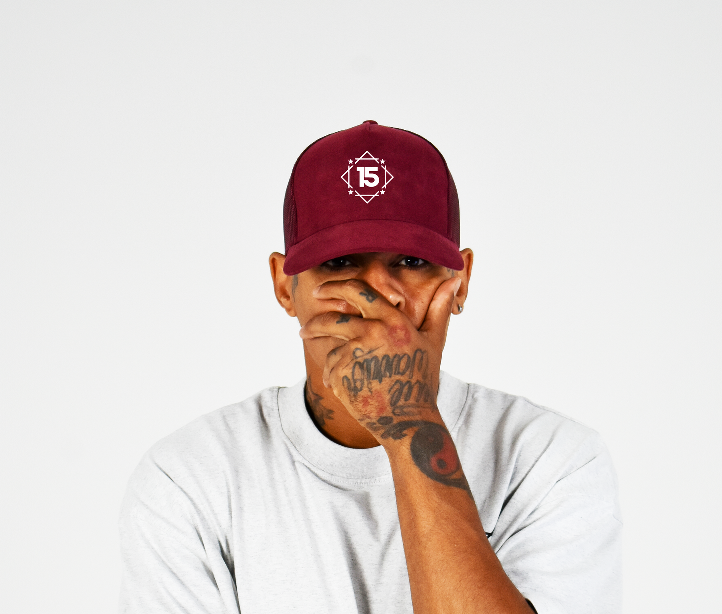 Maroon snapback trucker cap